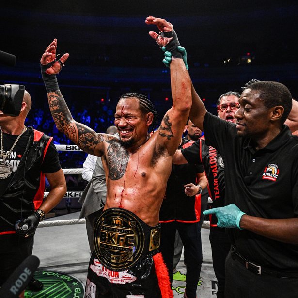 Luis Palomino celebrating a win in the BKFC ring