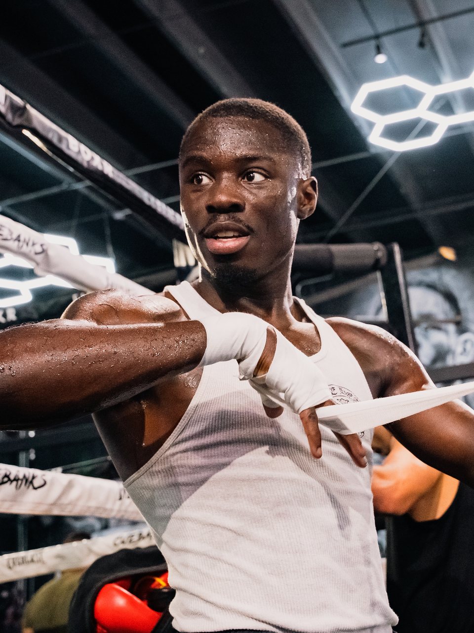 Pictured: Richardson Hitchins, former IBF junior welterweight world champion, wrapping up ringside
